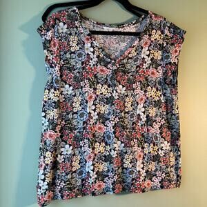 LOFT Milticolor 100% Linen Floral V-Neck T-Shirt Large
